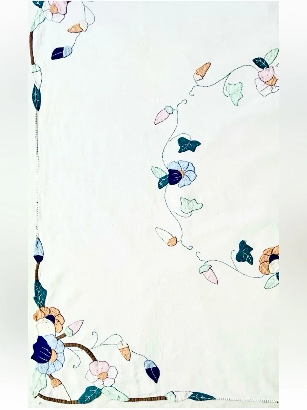 Vintage Tablecloth Hand Embroidery Applique Flowers-Garden Party-Home Decor